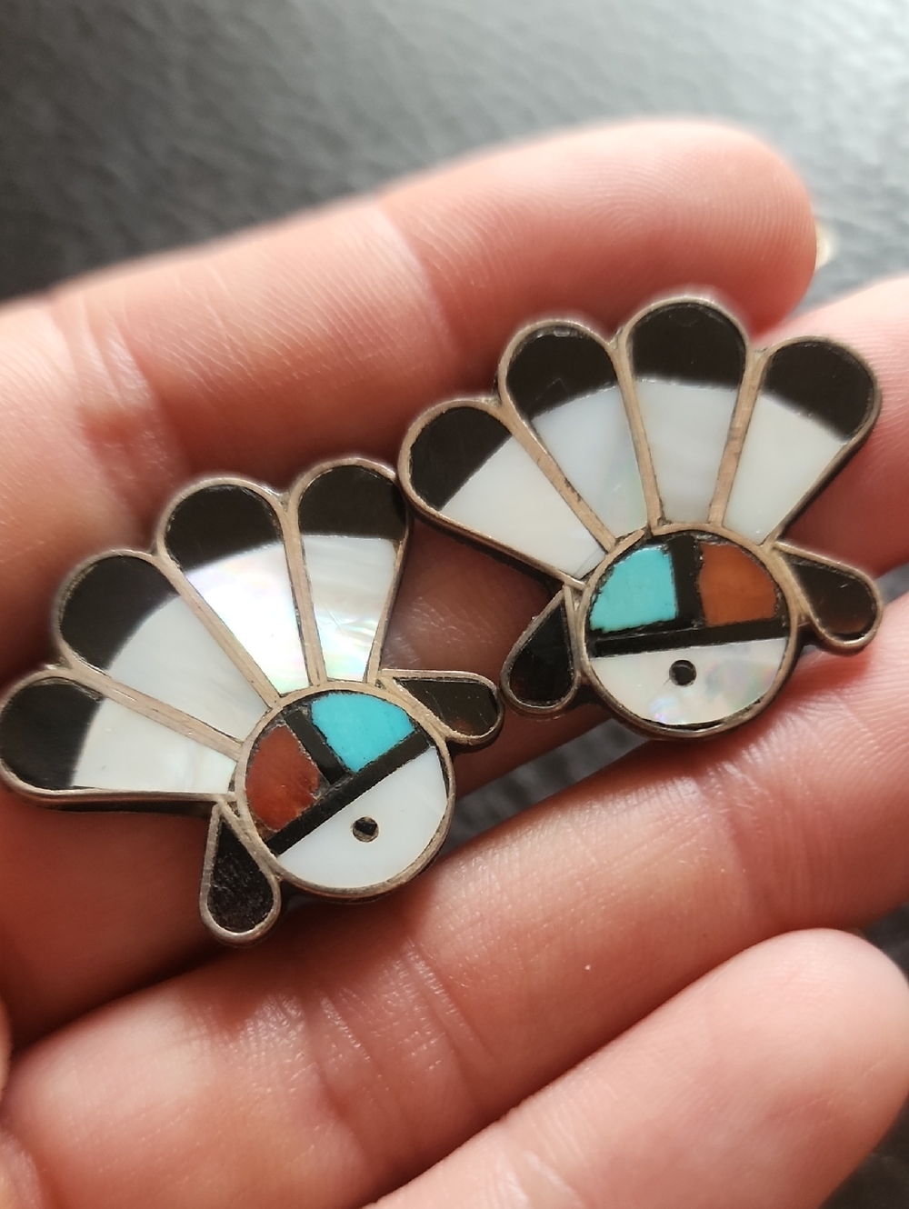 VTG Sterling & Inlay Fan-Shaped Turquoise & Black Clip Earrings